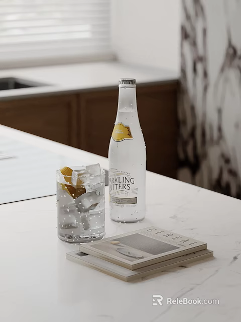 Elegant Decorative Accessory Set With Sparkling Water Bottle Glass Ice Cubes Lemon Slice And Magazine 3d model 