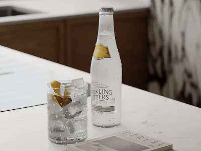 Elegant Decorative Accessory Set With Sparkling Water Bottle Glass Ice Cubes Lemon Slice And Magazine 3d model