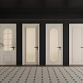 White Hinged Doors with Arch Glass and Solid Panels in Modern Dark Wall Interior 3d model