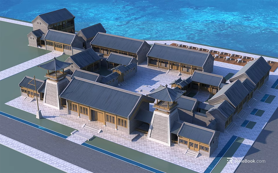 Ancient Chinese Architectural Complex Featuring Grey Tiled Roofs And Central Courtyard 3d model