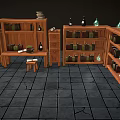Wooden Bookcases With Books Bottles Candles Drawer Cabinets And Small Stool On Gray Tiled Floor