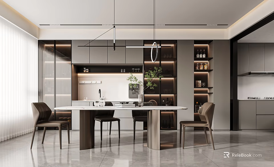 Modern Restaurant Interior Design with Dining Tables Chairs Pendant Lights and Decorative Plants 3d model 