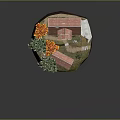 Red House With Red Roof Green Orange Trees Small Outbuilding Grass Path Flag On Roof
