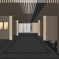 Modern Hotel Lobby Interior Design With Columns Mesh Partitions And Dark Floor Tiles