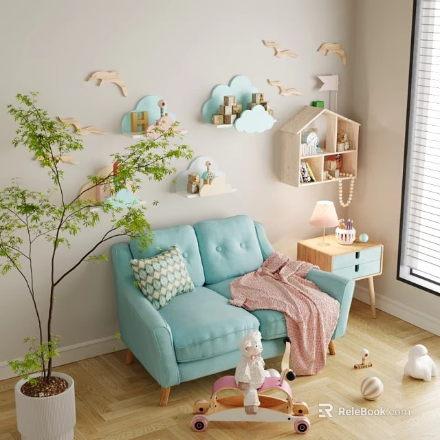 Cute Dolls On Cloud Shaped Shelves In Kids Room With Light Blue Sofa And Pink Blanket 3d model 