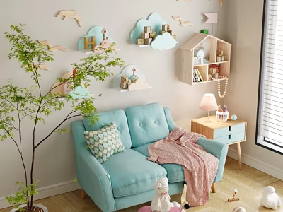 Cute Dolls On Cloud Shaped Shelves In Kids Room With Light Blue Sofa And Pink Blanket 3d model