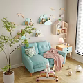 Cute Dolls On Cloud Shaped Shelves In Kids Room With Light Blue Sofa And Pink Blanket