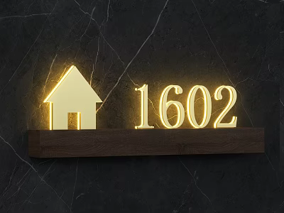 Illuminated Commercial Equipment Featuring House Icon Number 1602 On Dark Marble Background Wooden Base 3d model
