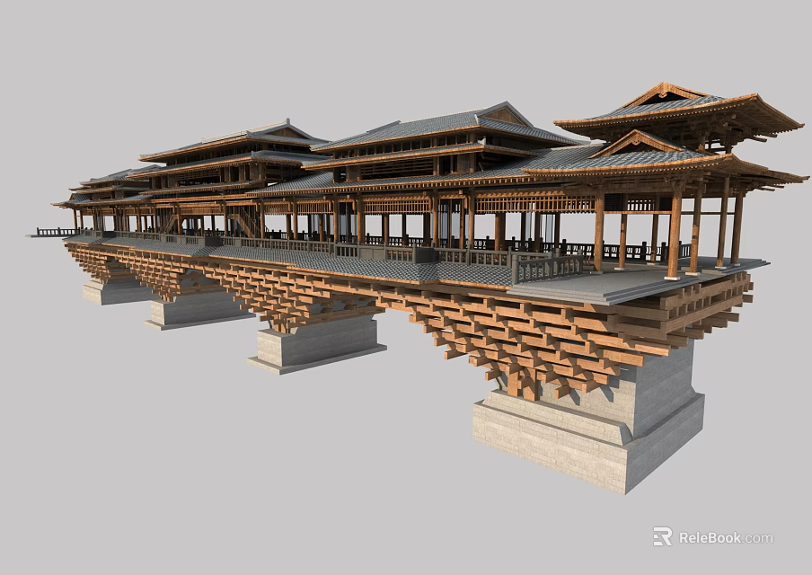 Ancient Chinese Architecture Wooden Corridor With Multiple Roofs And Stone Piers 3d model 