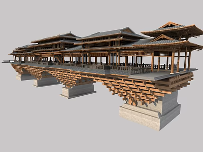 Ancient Chinese Architecture Wooden Corridor With Multiple Roofs And Stone Piers 3d model