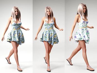 Blonde Woman In Stylish Floral Sundress And Sandals From Different Angles 3d model
