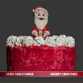 Red Christmas Cake with Santa Claus Decoration White Cream Border and Merry Christmas Base Tray