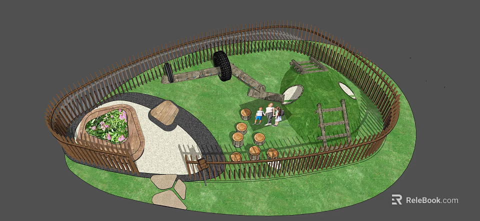 Outdoor Play Area With Circular Wooden Fence Green Lawn And Children Playing On Wooden Steps 3d model 