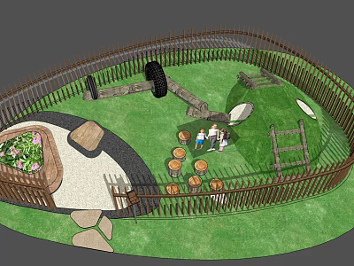 Outdoor Play Area With Circular Wooden Fence Green Lawn And Children Playing On Wooden Steps 3d model