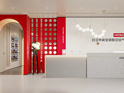 Rida Central Air Conditioning Smart Home Showroom Interior With Red Wall Counter And Hanging Lights 3d model