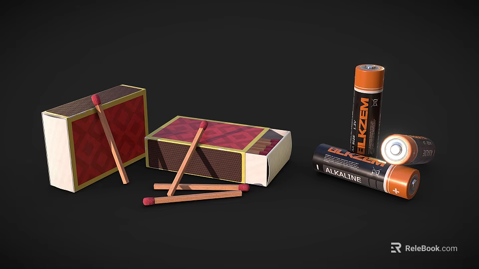 Industrial Equipment With ALKEN Batteries Red Gold Matchboxes And Matches 3d model 