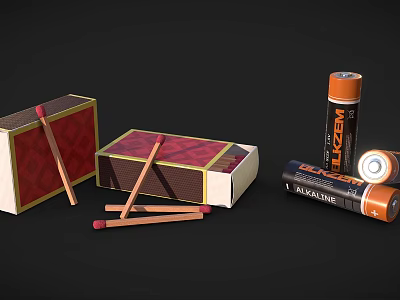 Industrial Equipment With ALKEN Batteries Red Gold Matchboxes And Matches 3d model