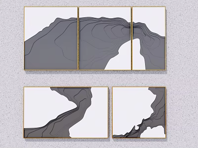 Abstract Paintings With Gray Tones Black Lines And Gold Frames In Multi Panel Layout 3d model