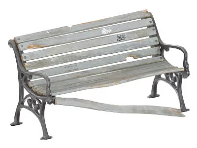 Worn Wooden Public Bench With Metal Frame And Decorative Armrests 3d model