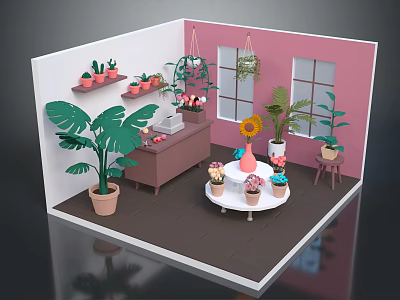 Indoor Plant Interior With Pink White Walls Monstera Sunflower Hanging Plants Round Table 3d model