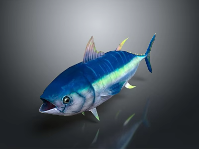 Blue Tuna With Green Iridescent Body Shiny Blue Scales Yellow Pink Fins And Open Mouth 3d model