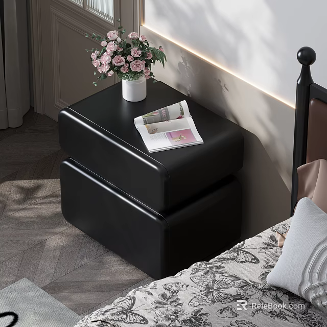 Black Leather Nightstand With White Vase Pink Flowers And Open Magazine By Bed 3d model 