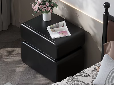 Black Leather Nightstand With White Vase Pink Flowers And Open Magazine By Bed 3d model
