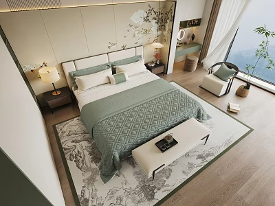 Elegant Modern Bedroom With Green Bedding Rug Window Chair Nightstand Lamp And Landscape Painting 3d model