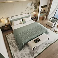 Elegant Modern Bedroom With Green Bedding Rug Window Chair Nightstand Lamp And Landscape Painting