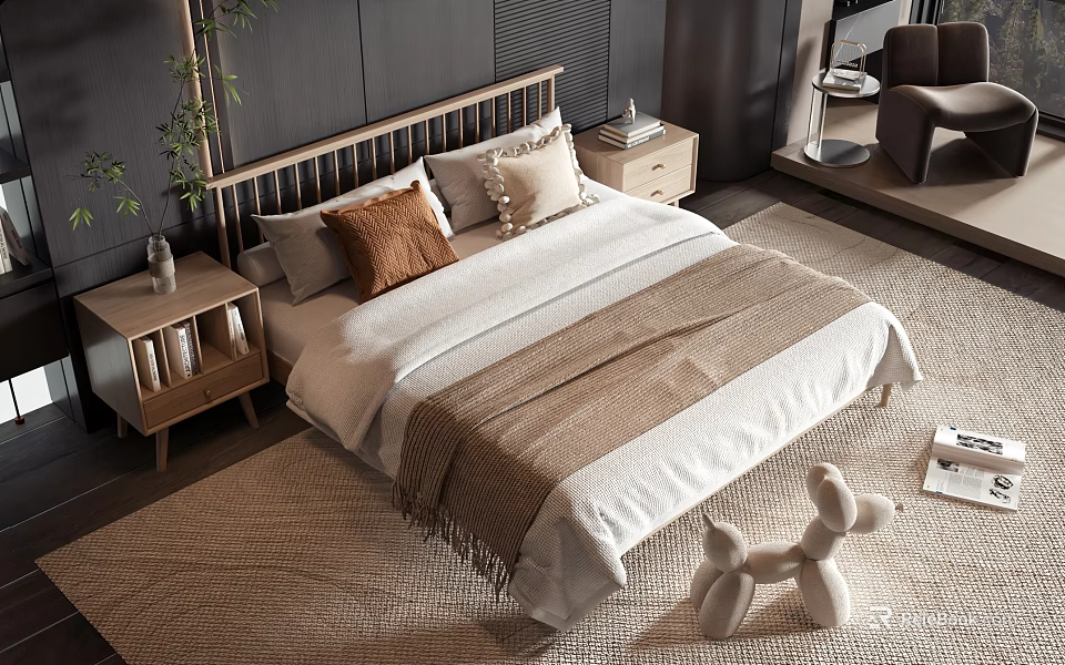Cozy Double Bed With Wooden Headboard Soft Pillows Blanket And Wooden Nightstands On Woven Rug 3d model 