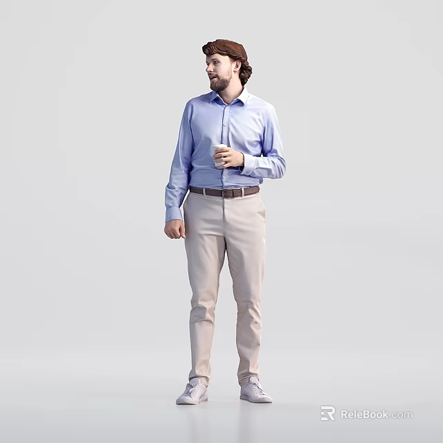 Group of Men in Blue Shirts and Beige Pants Holding Cups Against Grey Background 3d model 