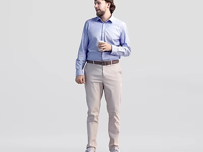 Group of Men in Blue Shirts and Beige Pants Holding Cups Against Grey Background 3d model