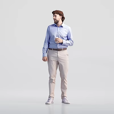 Group of Men in Blue Shirts and Beige Pants Holding Cups Against Grey Background 3d model