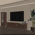 Wooden TV Stand In Living Room With Decorative Wall Moldings And Large Plant