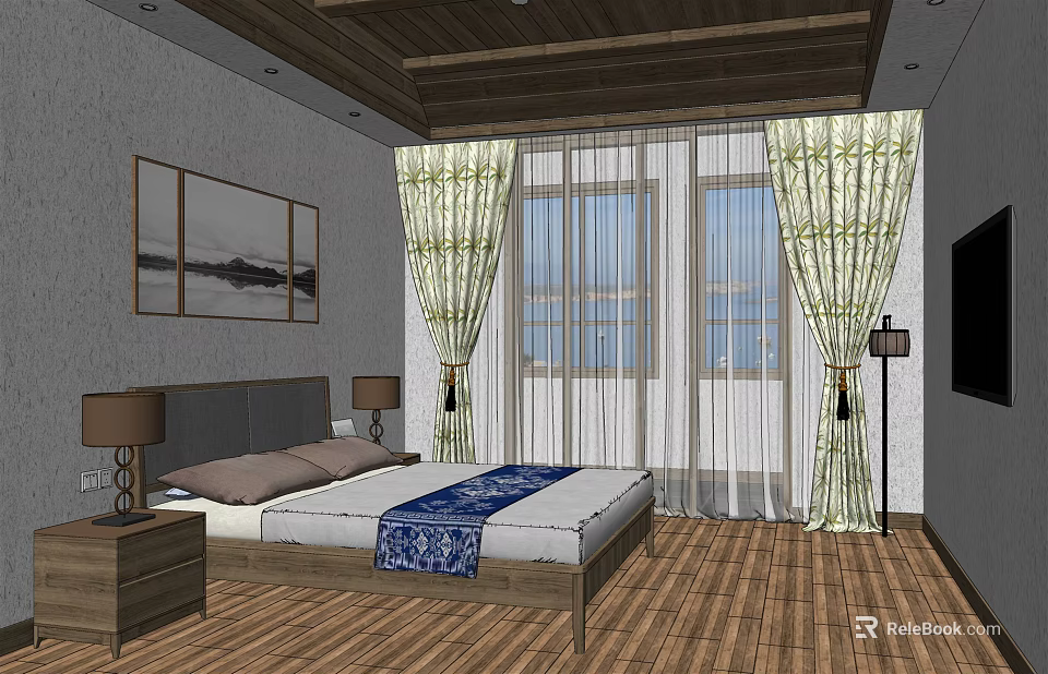 Hotel Guest Room Interior With Wooden Floor Bedside Tables Table Lamps Wall Paintings And Curtains 3d model 