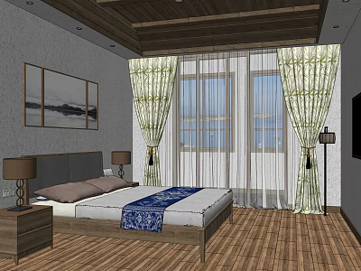 Hotel Guest Room Interior With Wooden Floor Bedside Tables Table Lamps Wall Paintings And Curtains 3d model