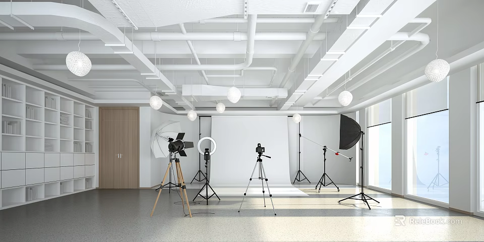 Spacious Well Lit Photography Studio With Professional Equipment And White Backdrop 3d model 