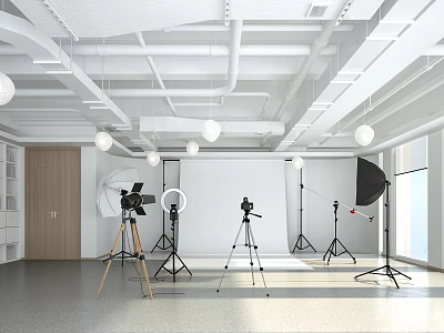 Spacious Well Lit Photography Studio With Professional Equipment And White Backdrop 3d model