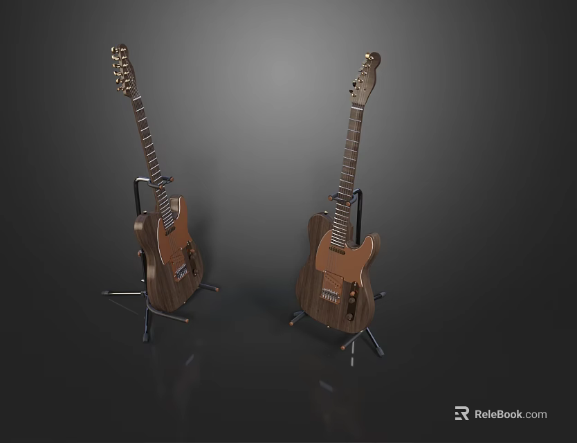 Two Brown Acoustic Guitars Placed on Black Stands Against Gray Background 3d model 
