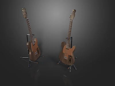 Two Brown Acoustic Guitars Placed on Black Stands Against Gray Background 3d model