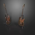 Two Brown Acoustic Guitars Placed on Black Stands Against Gray Background