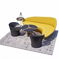 Yellow Curved Sofa And Round Coffee Table Set With Black Chairs On Patterned Rug 3d model