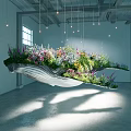 Suspended Wave Shaped Garden Art Installation With Colorful Flowers And Hanging Lights In Modern Interior