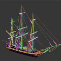 Three Mast Sailing Ship Model With Detailed Yellow Blue Hull And Rigging