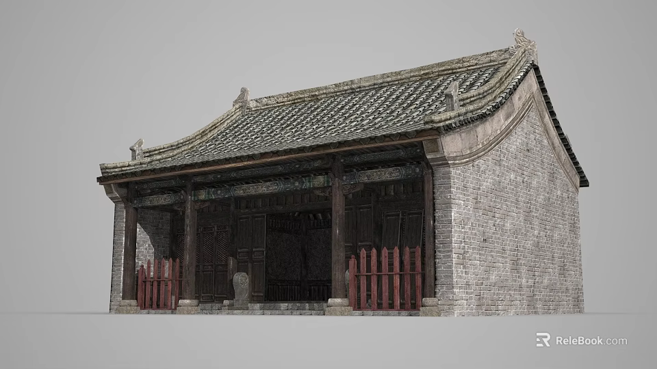 Ancient Chinese Architecture With Classic Tile Roof Wooden Portico And Red Fences 3d model 