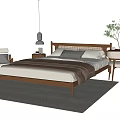Modern Wooden Double Bed With Headboard Mattress Blanket Nightstand Lamp And Rug