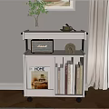 White Entryway Side Cabinet with Metal Frame Wheels Plant Vase Teacup Books and HOME Decor