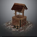 Traditional Wooden Well with Red Tiled Roof and Square Structure on Cobblestone Ground and Bucket