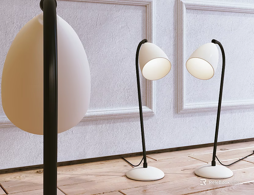 Modern Floor Lamp With White Lampshade Black Stand On Wooden Floor And Decorative Wall 3d model 