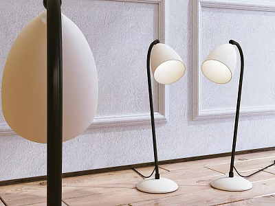 Modern Floor Lamp With White Lampshade Black Stand On Wooden Floor And Decorative Wall 3d model